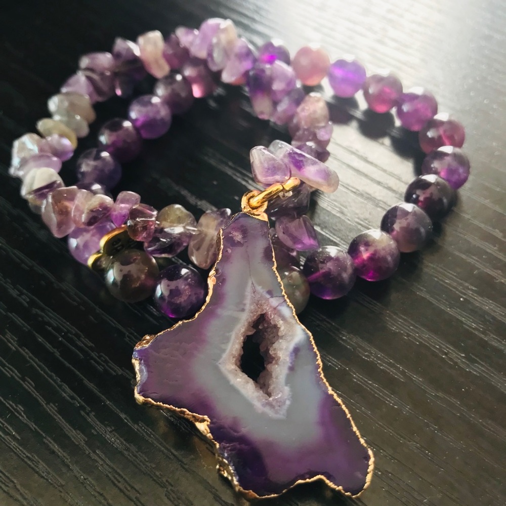 Purple agate and gold set handmade bracelets.